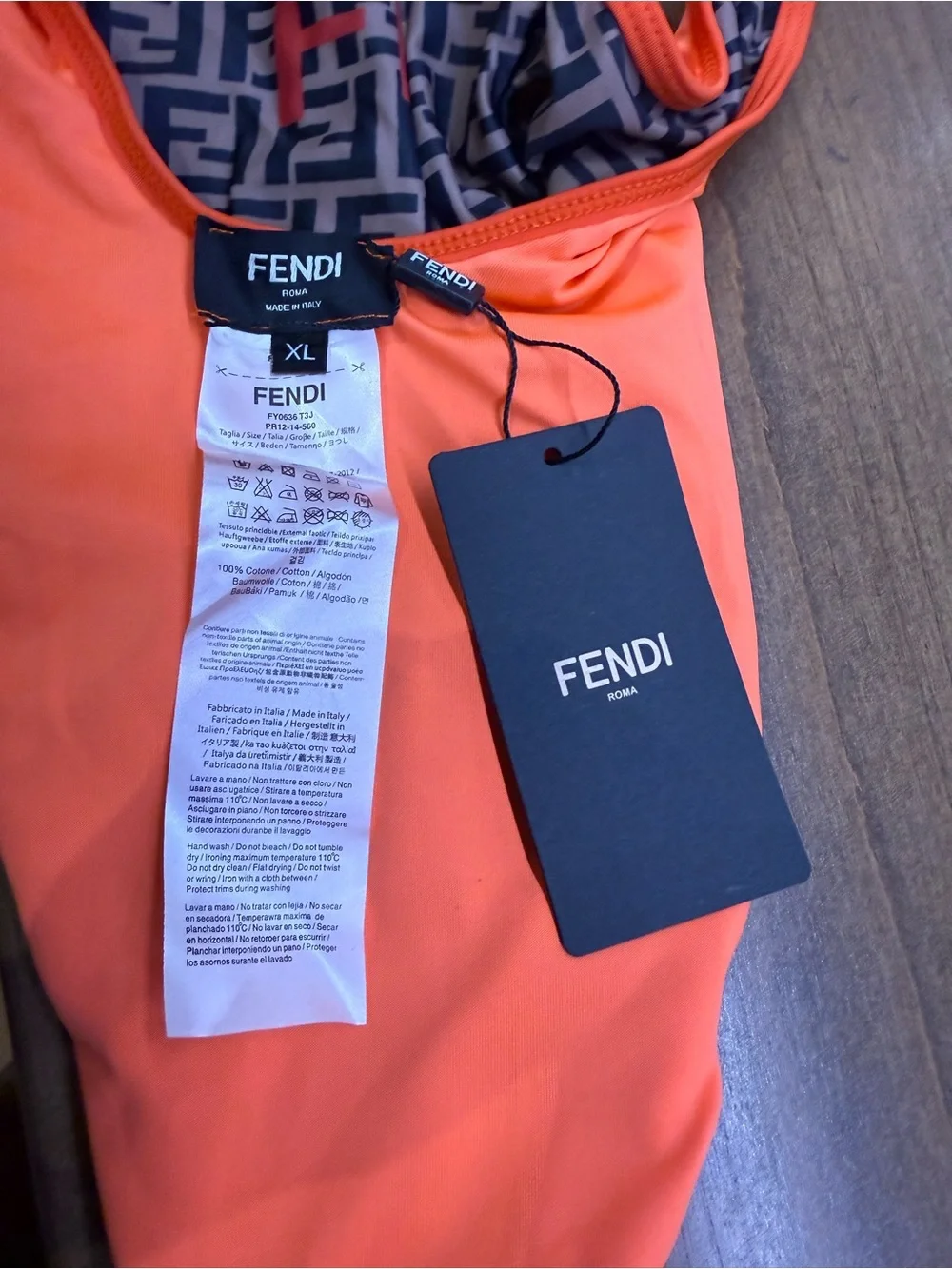 Fendi Kids Navy Monogram One-Piece Swimsuit with Orange Trim and Multicolor Logo